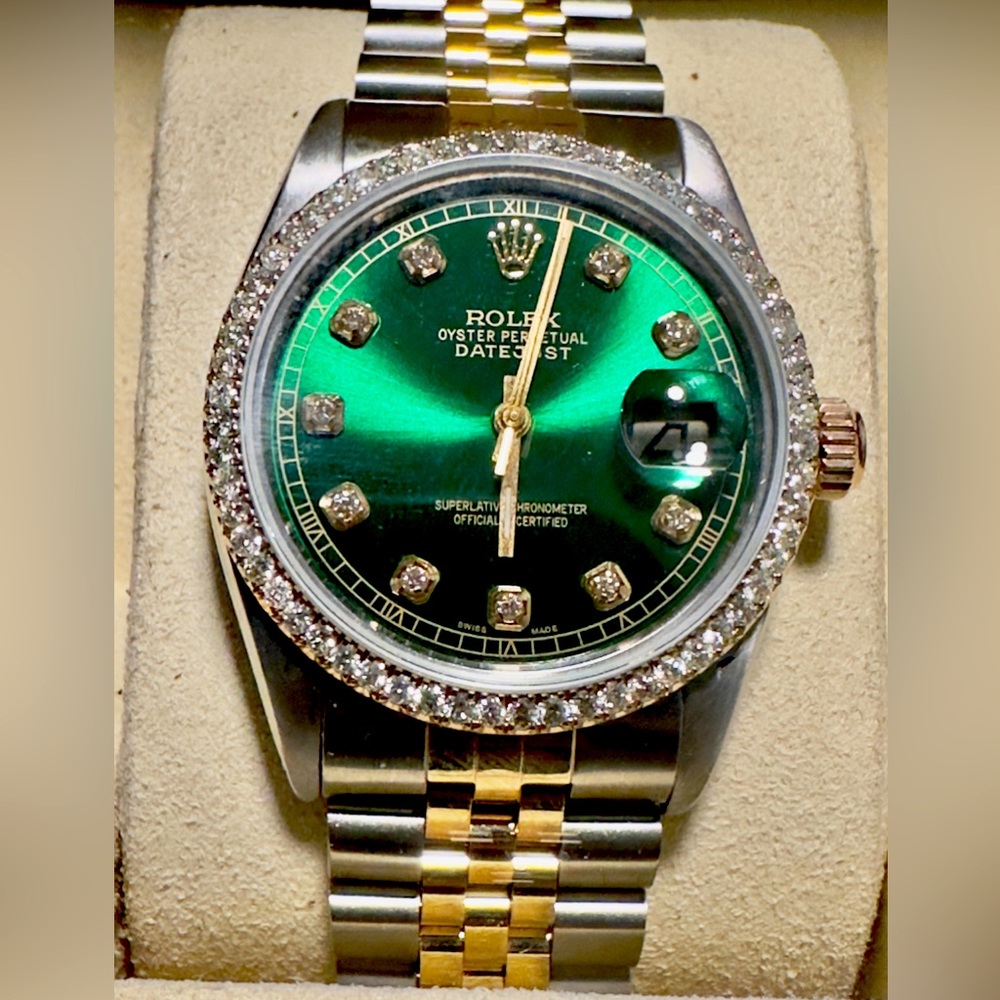 Rolex Datejust 16013 Two-tone Green Diamond Dial aftermarket Diamond Bezel 36mm